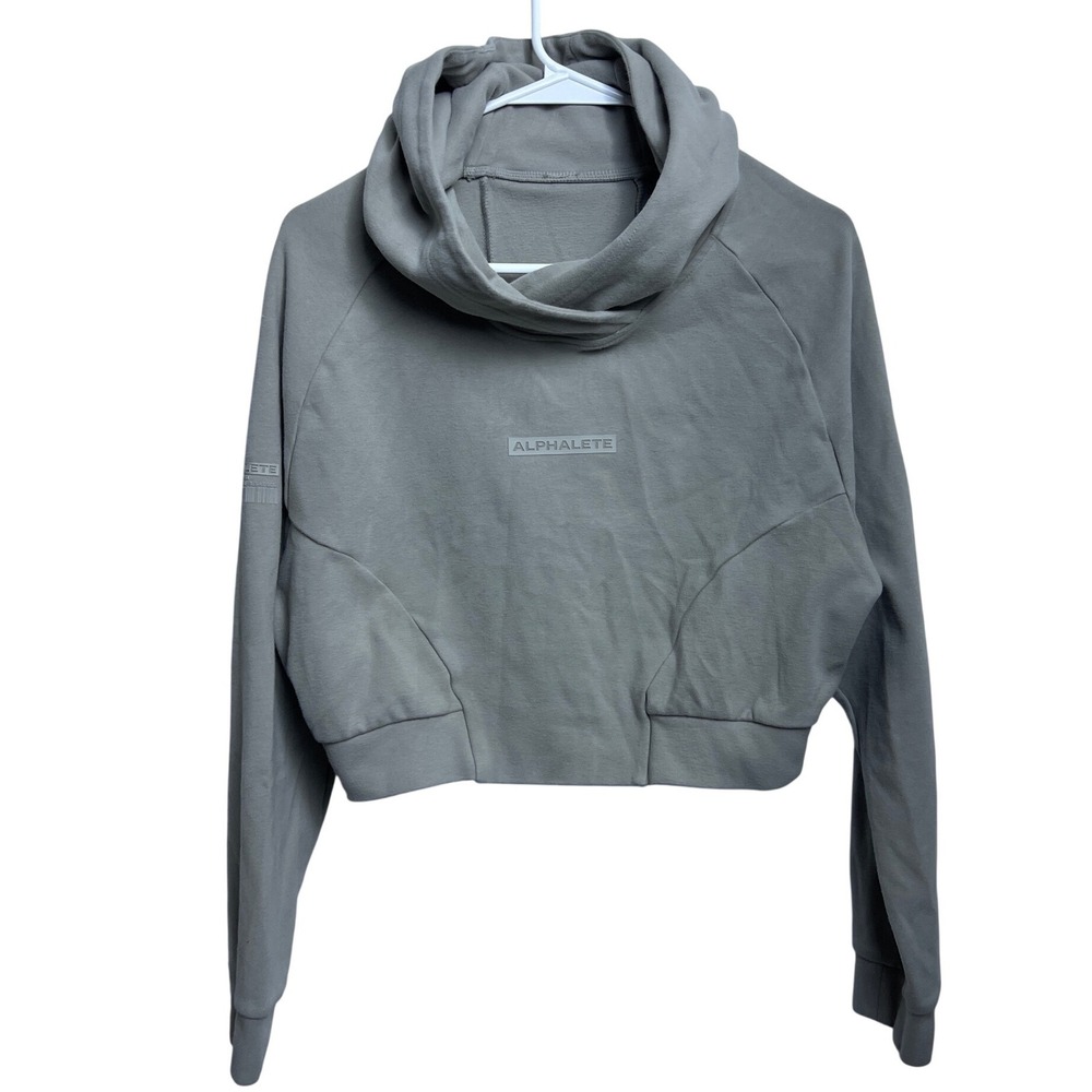 Alphalete Women Cropped Cowl Neck Hoodie Sage Green Raglan LS Logo Yoga Gorpcore